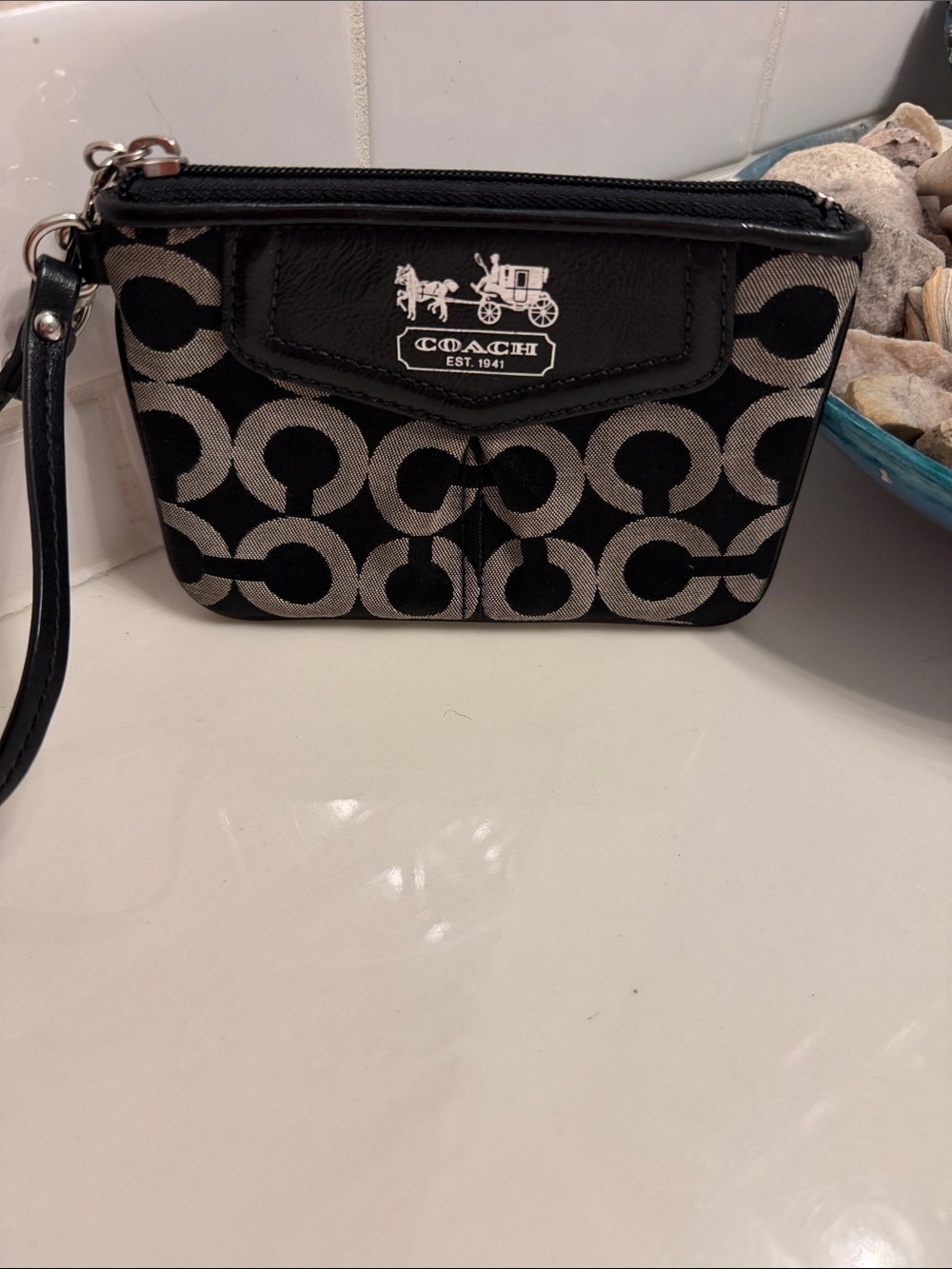 Coach Black and Beige Signature Wristlet Clutch